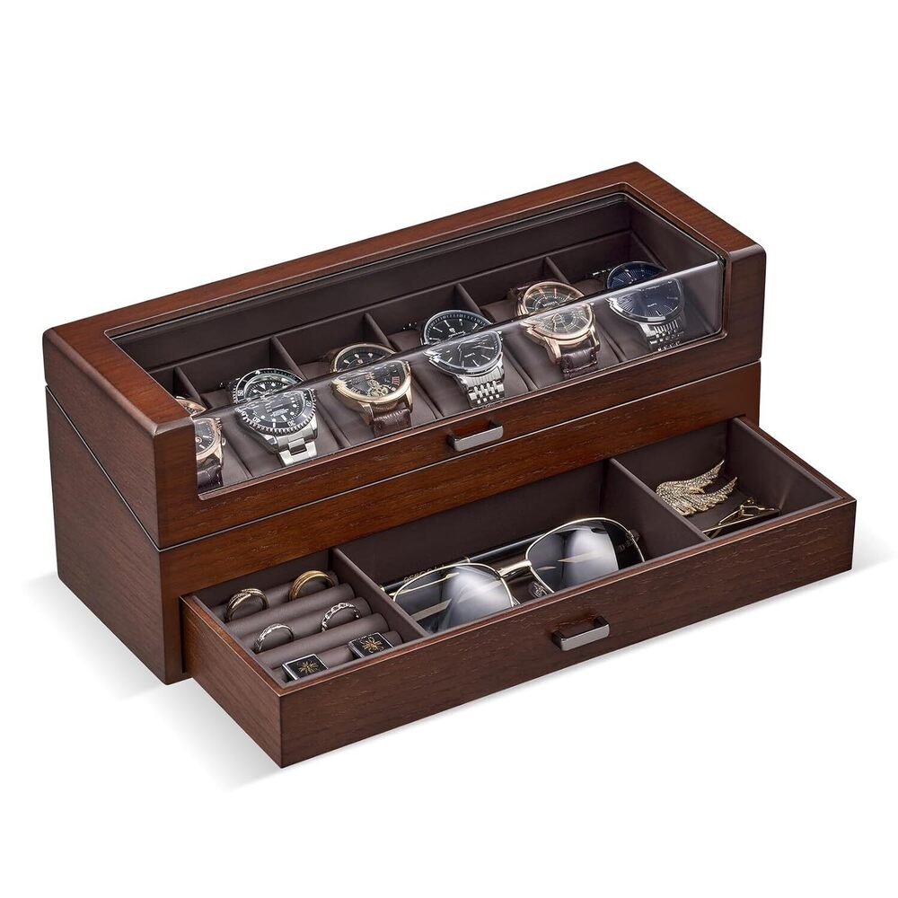 High End Wooden Watch Box for Men, 2-Layer Wood Watch Display Case Men's
